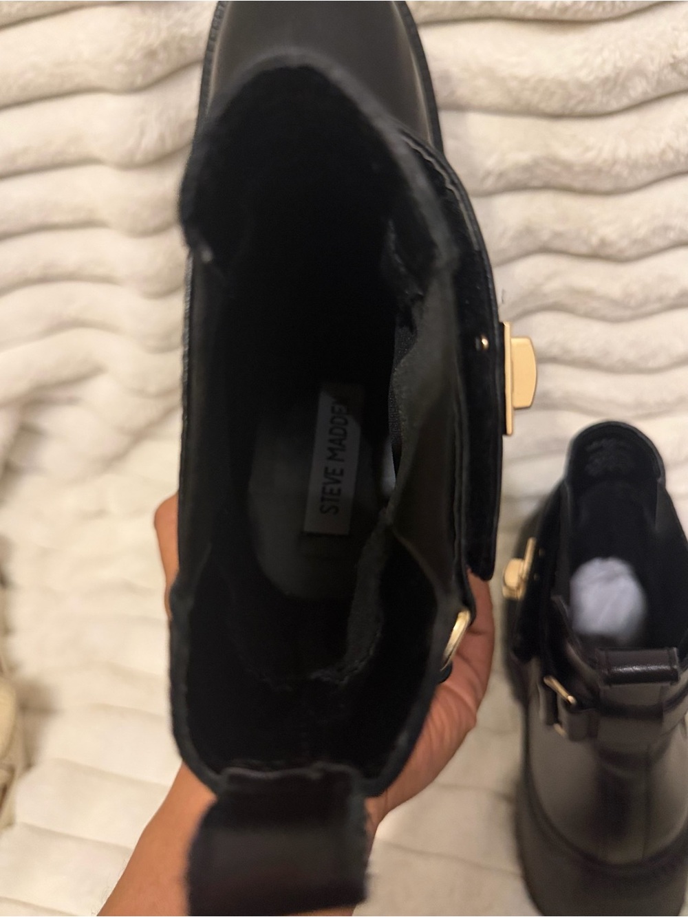 Steve Madden Black Leather Lug Chelsea Boots with Gold Buckle - Picture 7 of 7